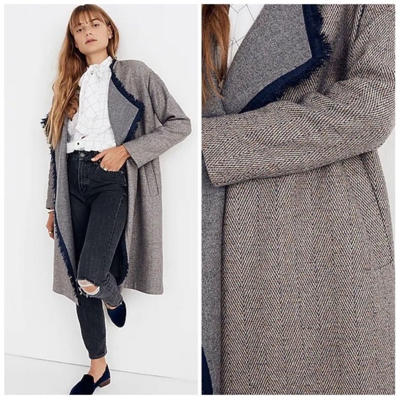 Madewell Fringed Herringbone Robe Coat Large XL gray navy wool blend open light - Picture 1 of 16